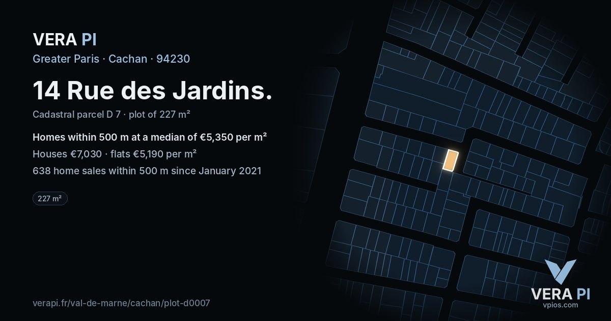 14 Rue des Jardins, Cachan at night – the plot lit, the parcels around coloured by the prices near them