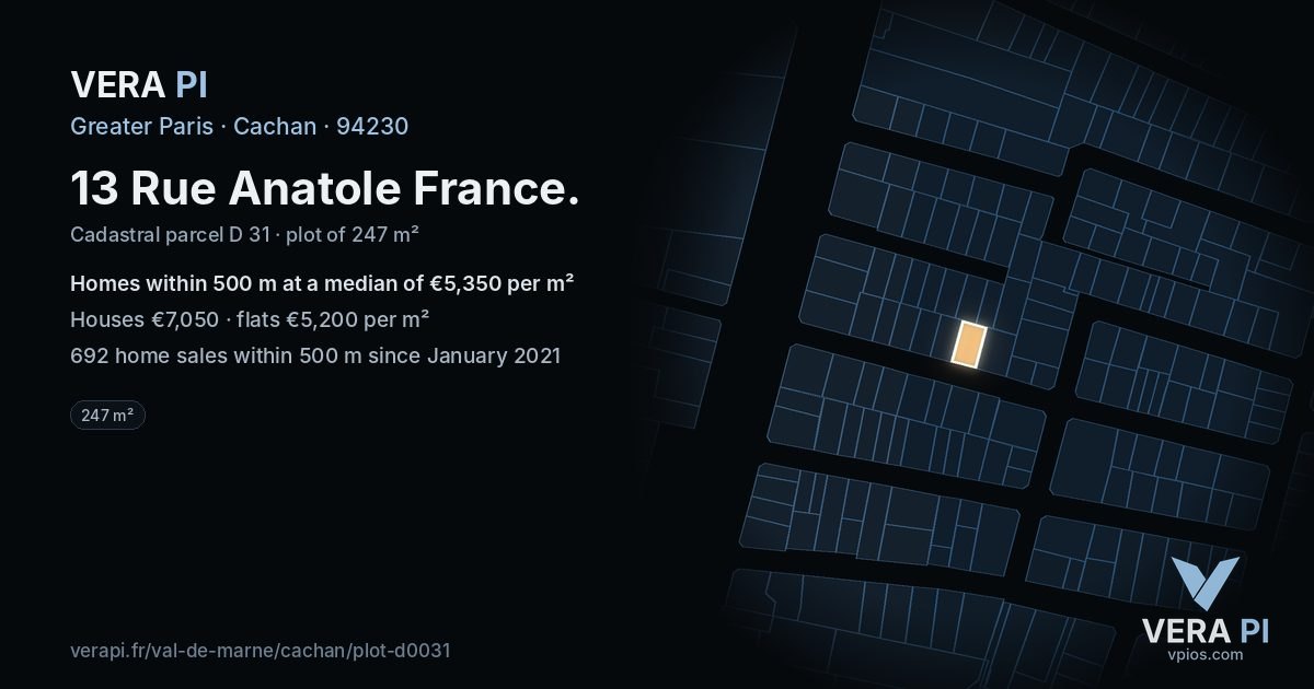 13 Rue Anatole France, Cachan at night – the plot lit, the parcels around coloured by the prices near them