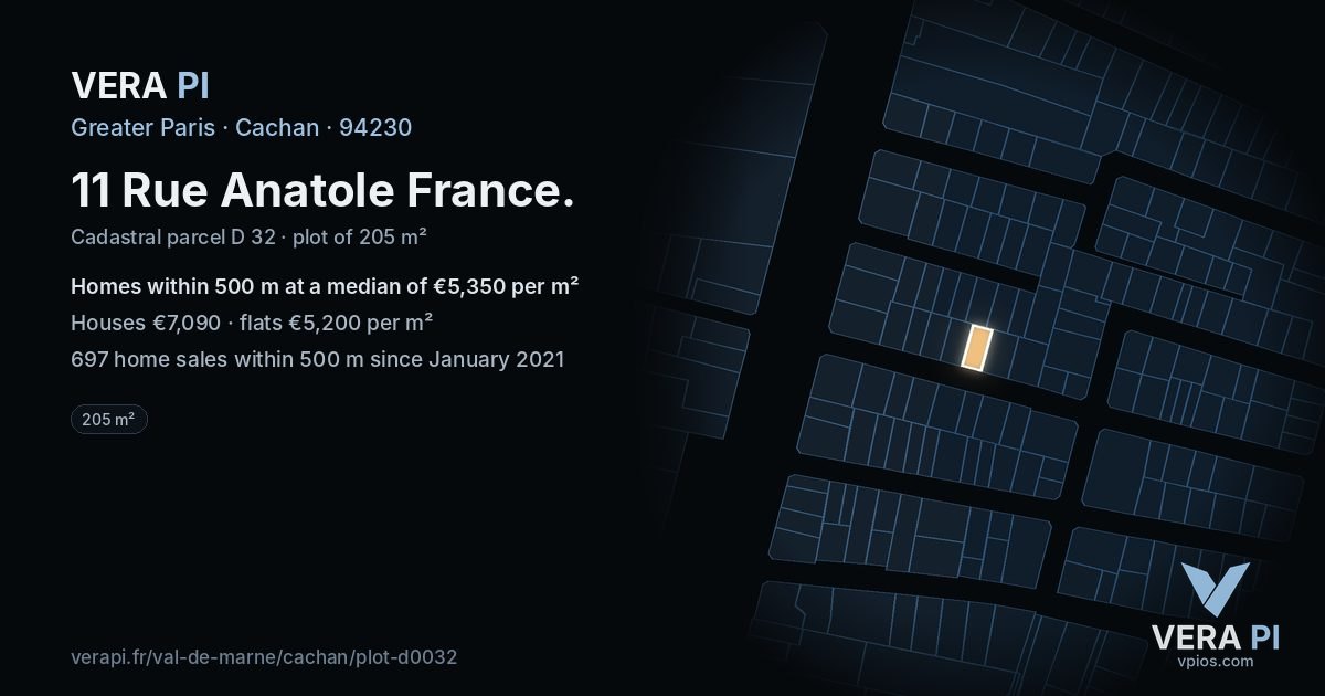 11 Rue Anatole France, Cachan at night – the plot lit, the parcels around coloured by the prices near them