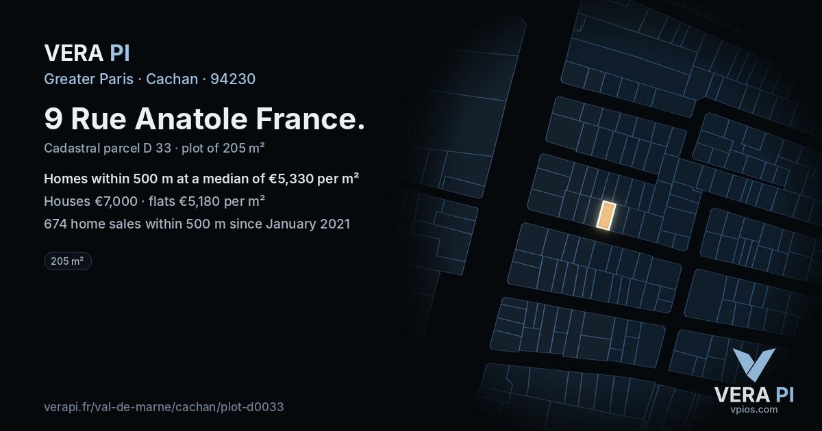 9 Rue Anatole France, Cachan at night – the plot lit, the parcels around coloured by the prices near them