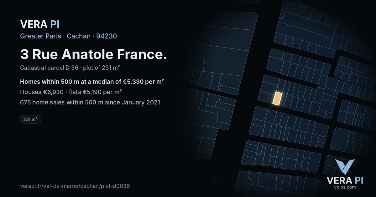 3 Rue Anatole France, Cachan at night – the plot lit, the parcels around coloured by the prices near them