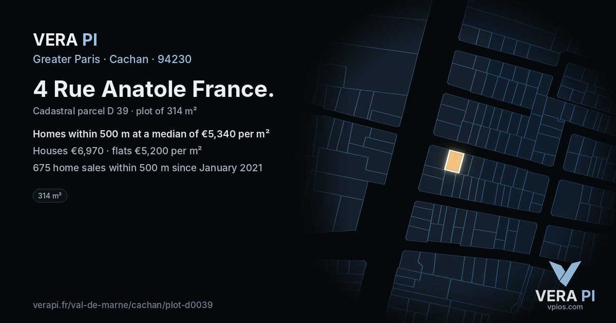 4 Rue Anatole France, Cachan at night – the plot lit, the parcels around coloured by the prices near them