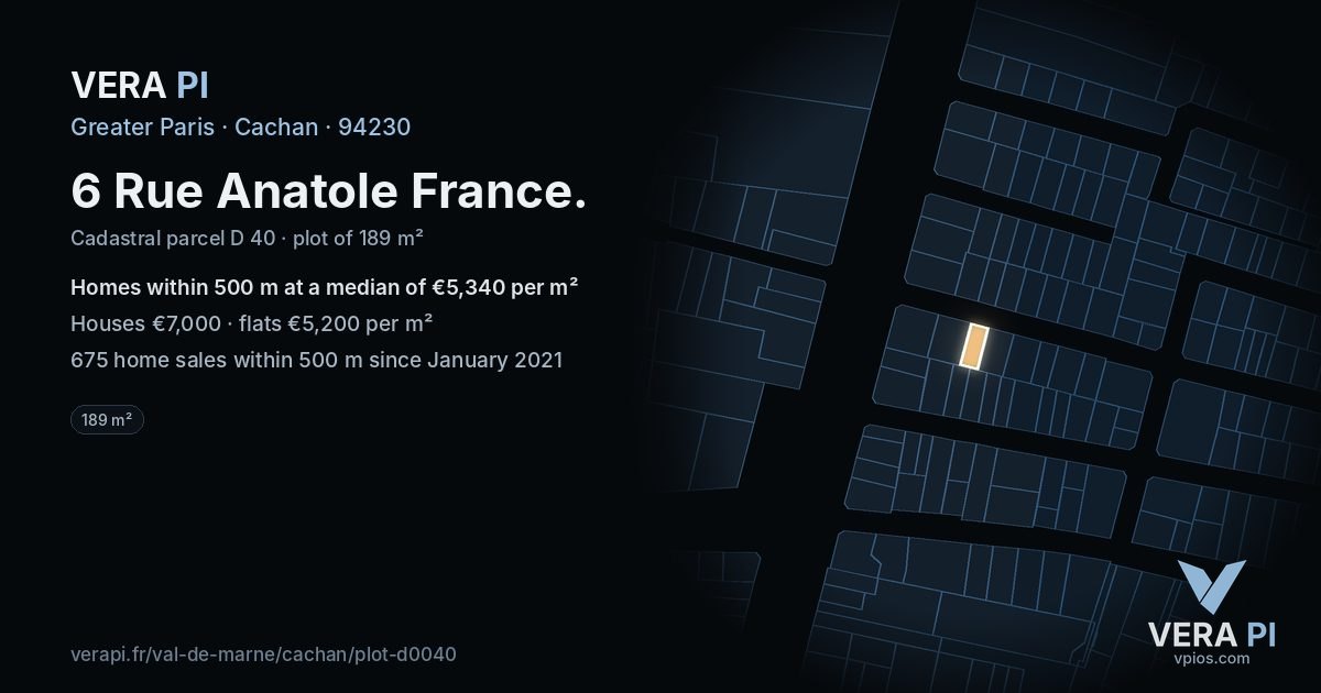 6 Rue Anatole France, Cachan at night – the plot lit, the parcels around coloured by the prices near them
