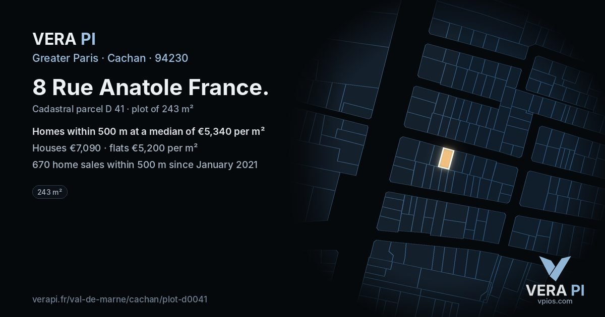 8 Rue Anatole France, Cachan at night – the plot lit, the parcels around coloured by the prices near them