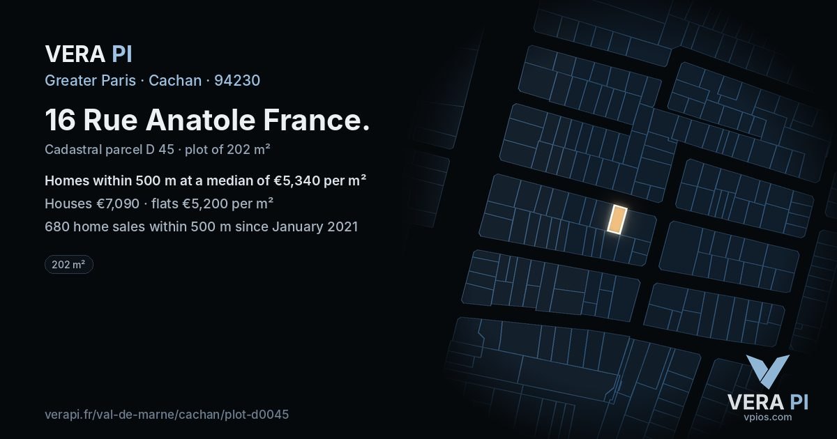 16 Rue Anatole France, Cachan at night – the plot lit, the parcels around coloured by the prices near them