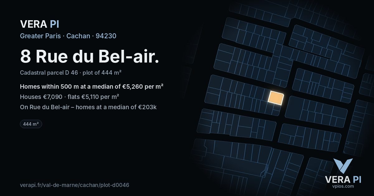 8 Rue du Bel-air, Cachan at night – the plot lit, the parcels around coloured by the prices near them