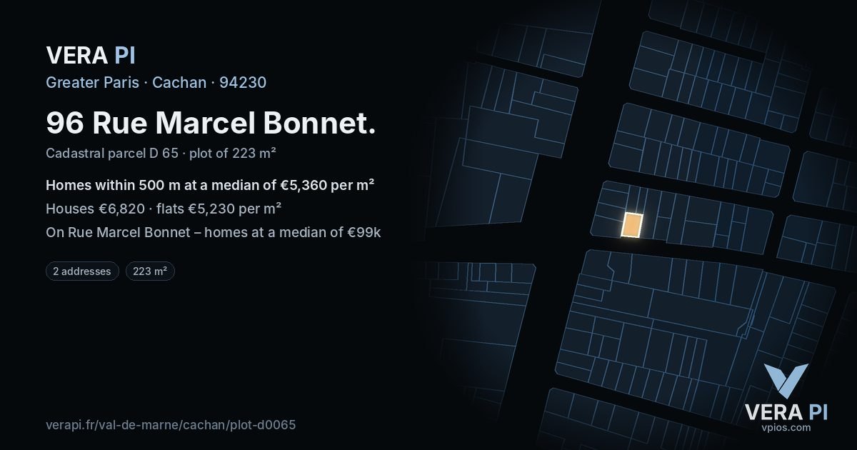 96 Rue Marcel Bonnet, Cachan at night – the plot lit, the parcels around coloured by the prices near them
