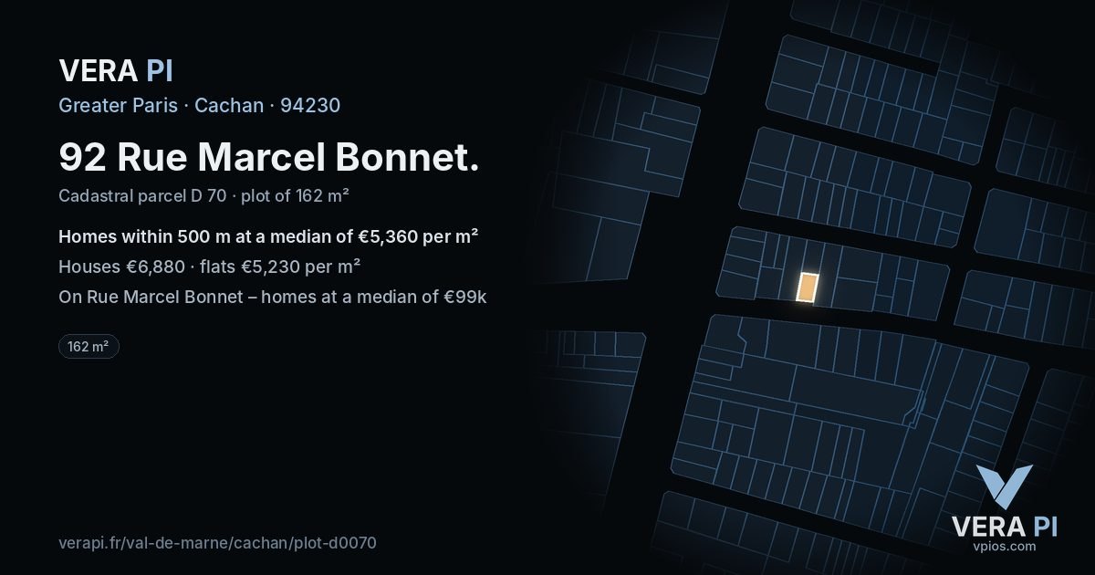 92 Rue Marcel Bonnet, Cachan at night – the plot lit, the parcels around coloured by the prices near them