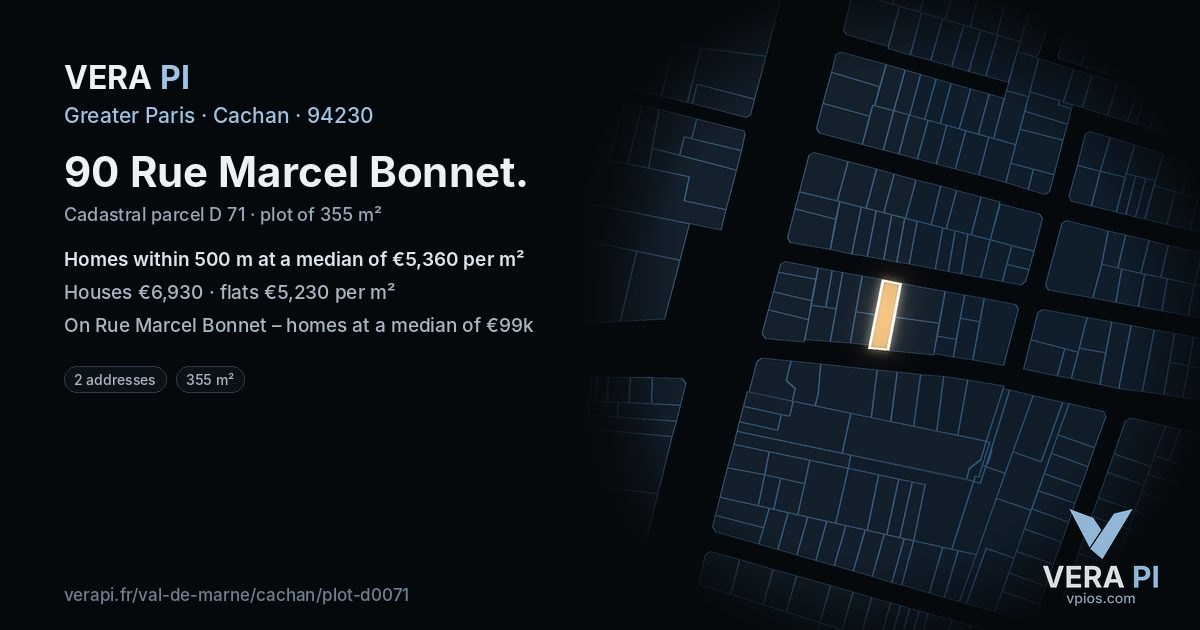 90 Rue Marcel Bonnet, Cachan at night – the plot lit, the parcels around coloured by the prices near them