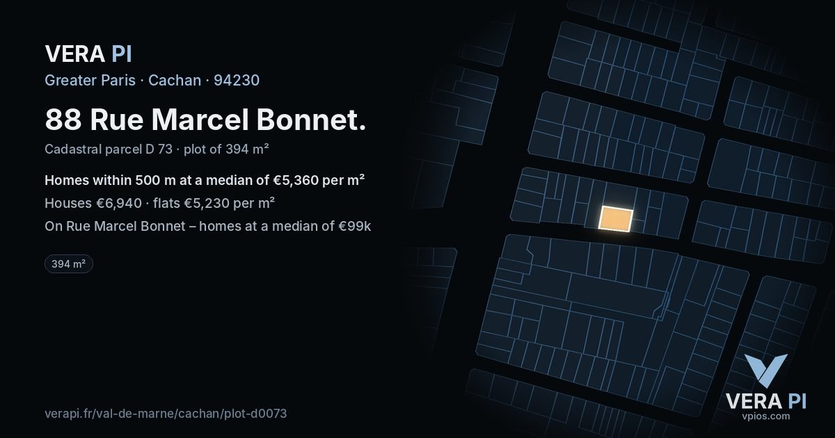 88 Rue Marcel Bonnet, Cachan at night – the plot lit, the parcels around coloured by the prices near them