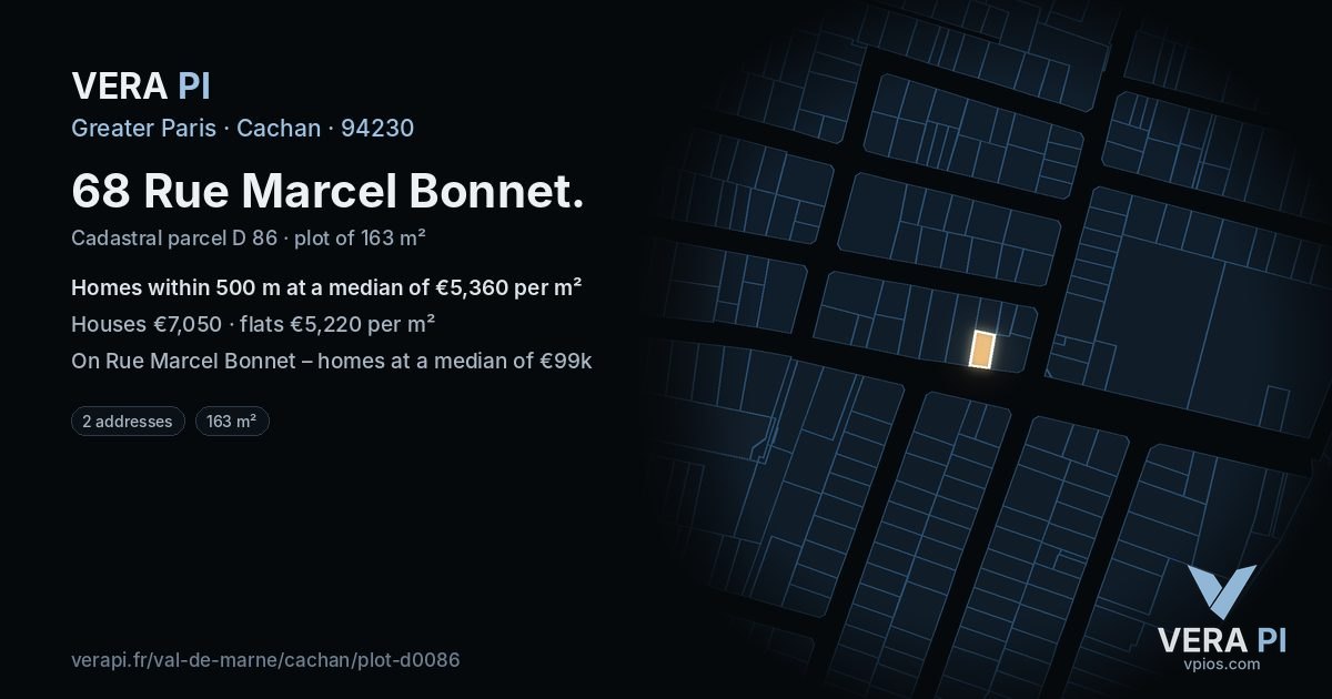 68 Rue Marcel Bonnet, Cachan at night – the plot lit, the parcels around coloured by the prices near them
