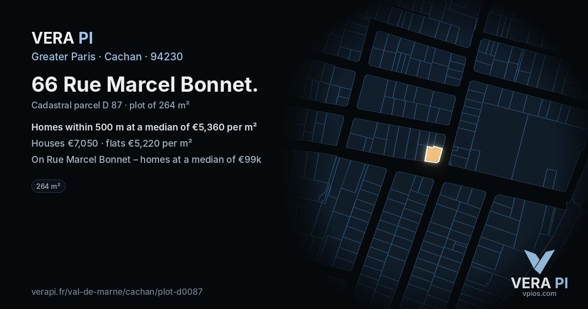 66 Rue Marcel Bonnet, Cachan at night – the plot lit, the parcels around coloured by the prices near them