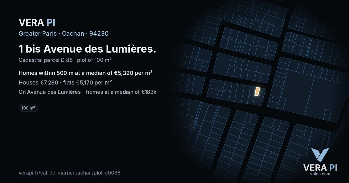 1 bis Avenue des Lumières, Cachan at night – the plot lit, the parcels around coloured by the prices near them