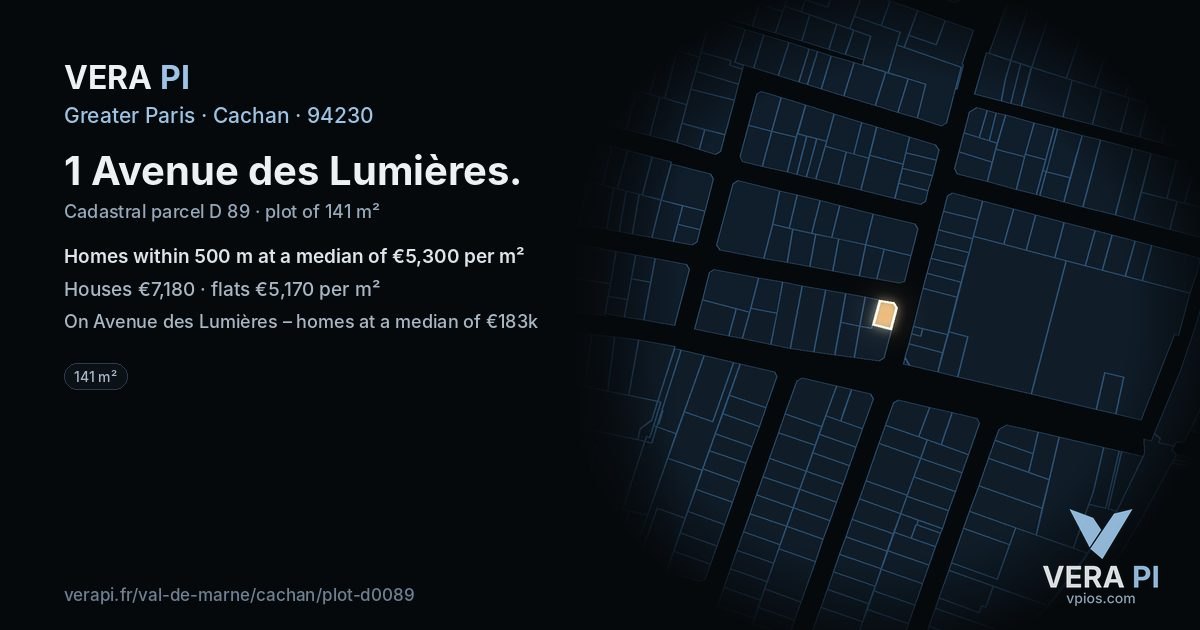 1 Avenue des Lumières, Cachan at night – the plot lit, the parcels around coloured by the prices near them