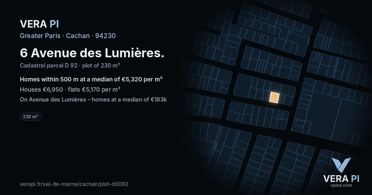 6 Avenue des Lumières, Cachan at night – the plot lit, the parcels around coloured by the prices near them
