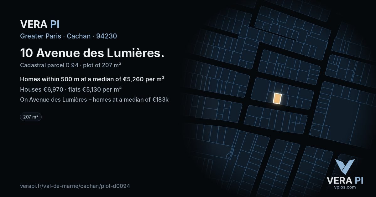 10 Avenue des Lumières, Cachan at night – the plot lit, the parcels around coloured by the prices near them