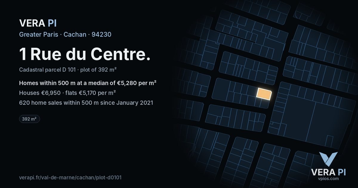 1 Rue du Centre, Cachan at night – the plot lit, the parcels around coloured by the prices near them
