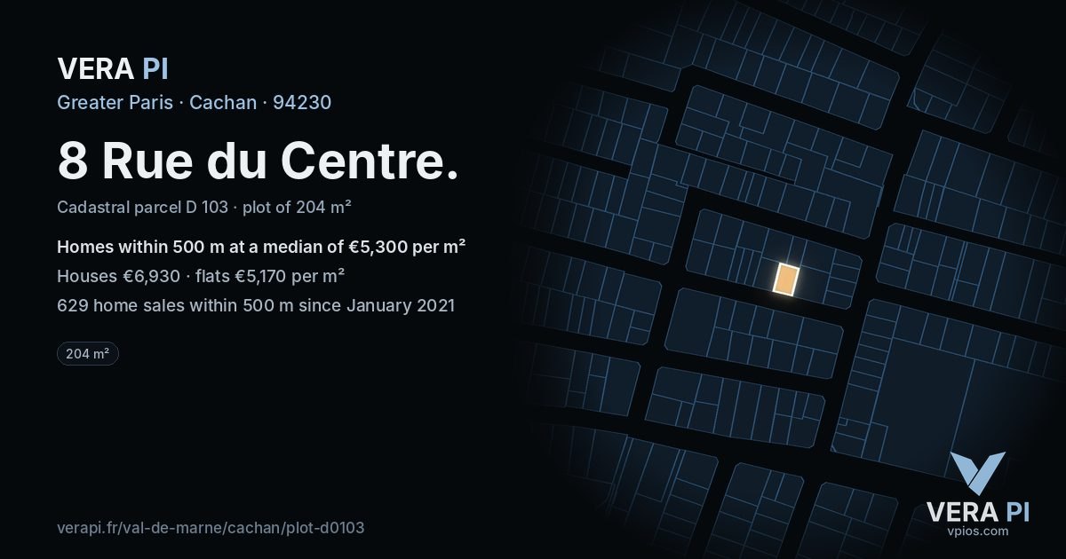 8 Rue du Centre, Cachan at night – the plot lit, the parcels around coloured by the prices near them