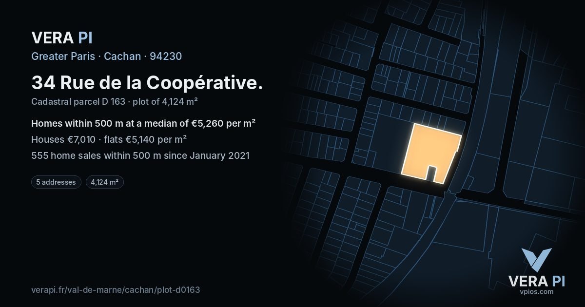 34 Rue de la Coopérative, Cachan at night – the plot lit, the parcels around coloured by the prices near them