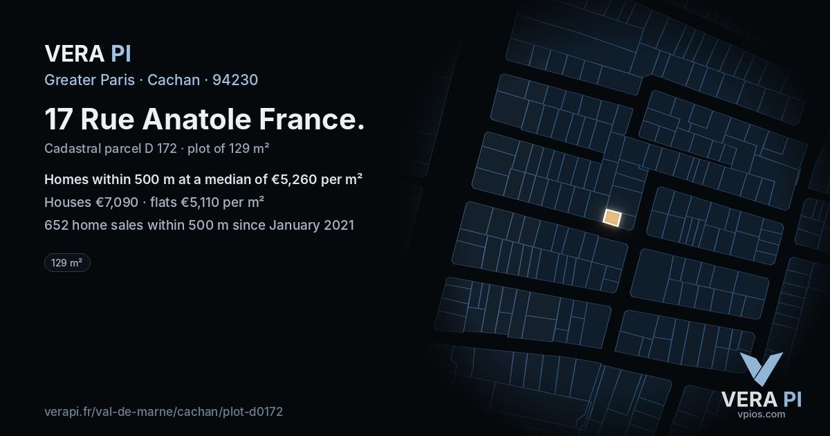17 Rue Anatole France, Cachan at night – the plot lit, the parcels around coloured by the prices near them