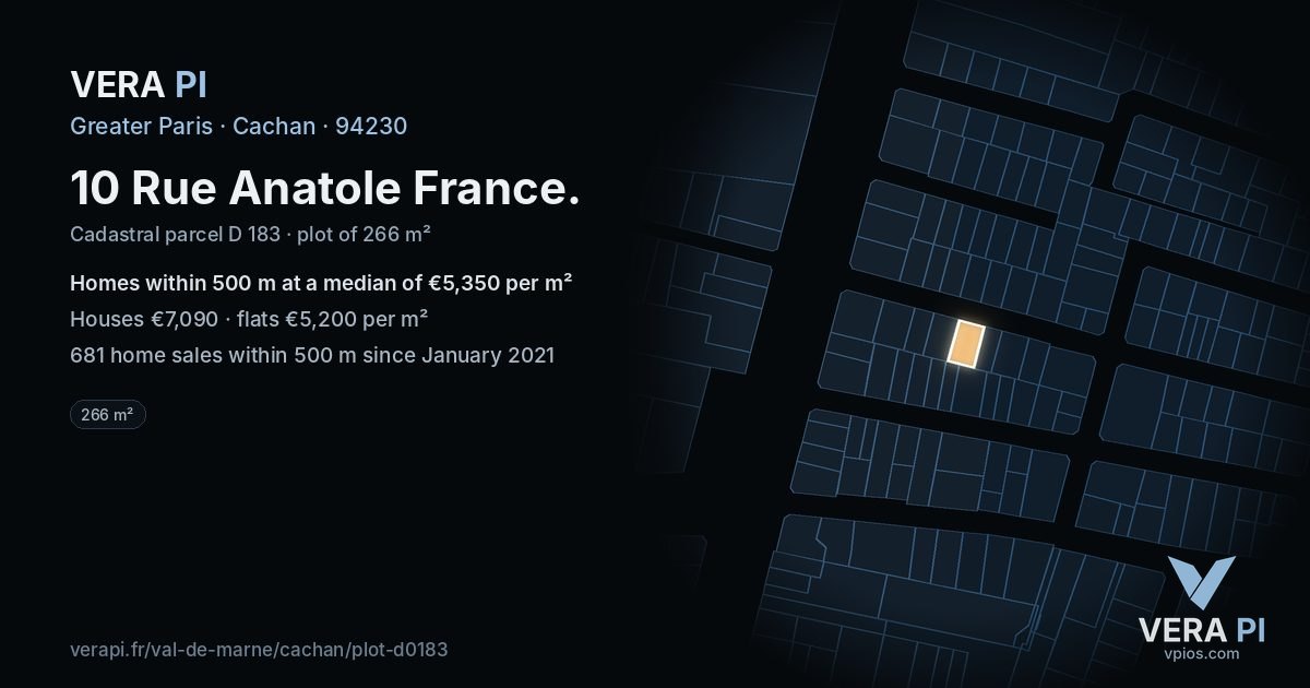 10 Rue Anatole France, Cachan at night – the plot lit, the parcels around coloured by the prices near them