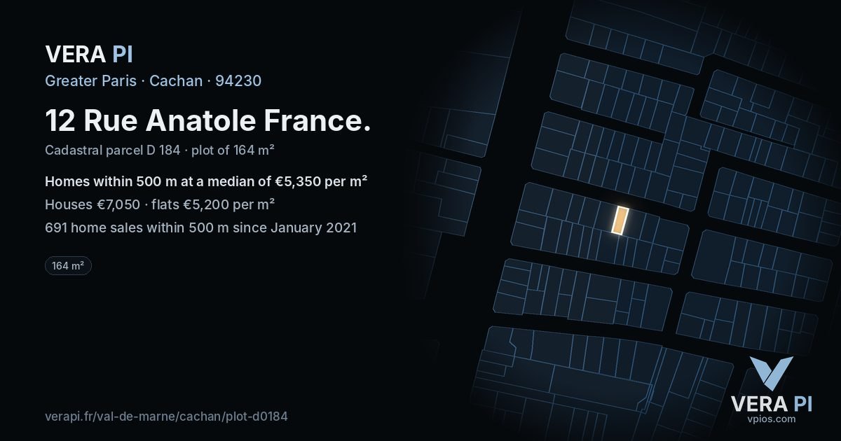 12 Rue Anatole France, Cachan at night – the plot lit, the parcels around coloured by the prices near them