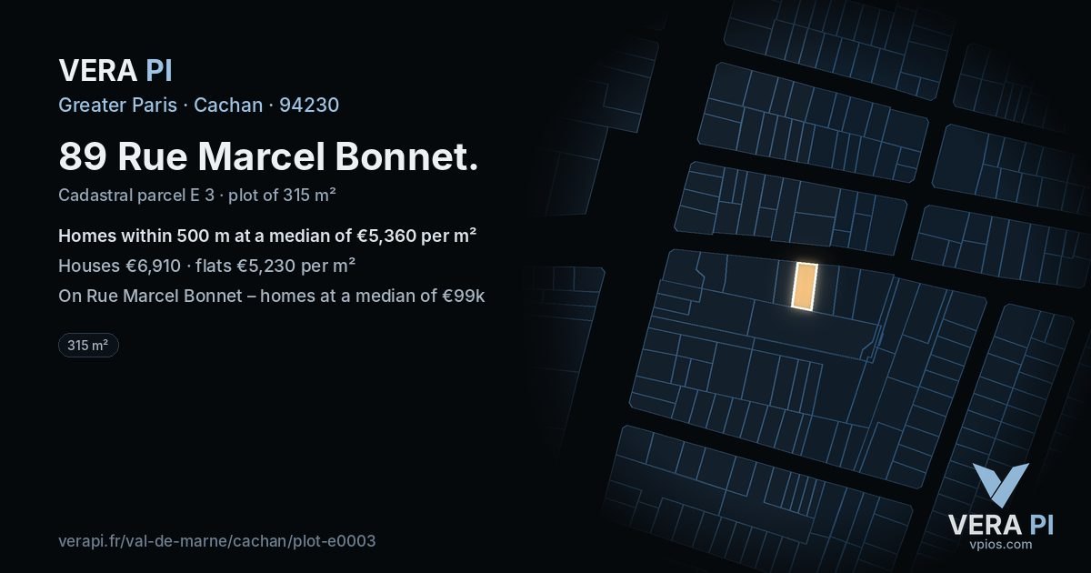 89 Rue Marcel Bonnet, Cachan at night – the plot lit, the parcels around coloured by the prices near them