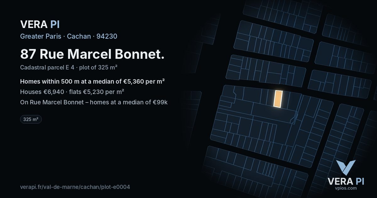 87 Rue Marcel Bonnet, Cachan at night – the plot lit, the parcels around coloured by the prices near them