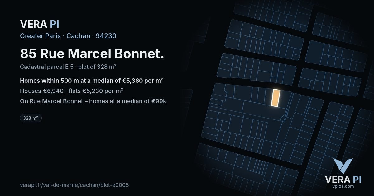 85 Rue Marcel Bonnet, Cachan at night – the plot lit, the parcels around coloured by the prices near them