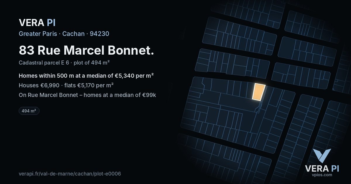 83 Rue Marcel Bonnet, Cachan at night – the plot lit, the parcels around coloured by the prices near them