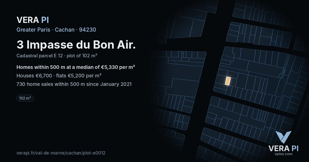 3 Impasse du Bon Air, Cachan at night – the plot lit, the parcels around coloured by the prices near them