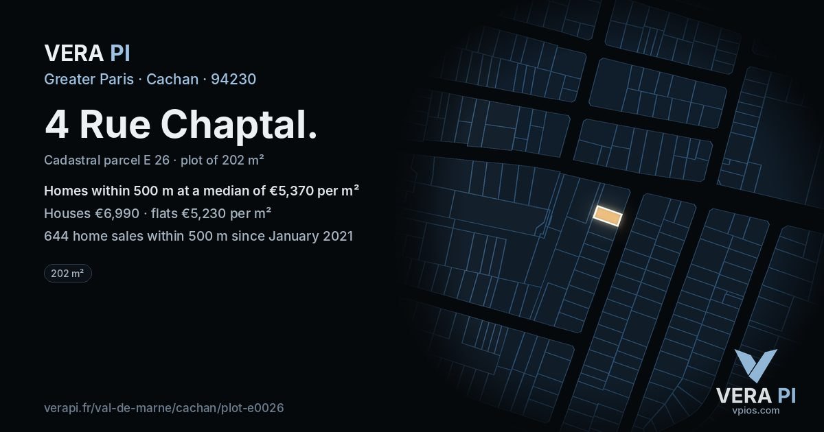 4 Rue Chaptal, Cachan at night – the plot lit, the parcels around coloured by the prices near them