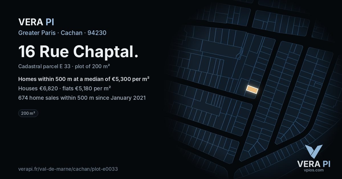 16 Rue Chaptal, Cachan at night – the plot lit, the parcels around coloured by the prices near them