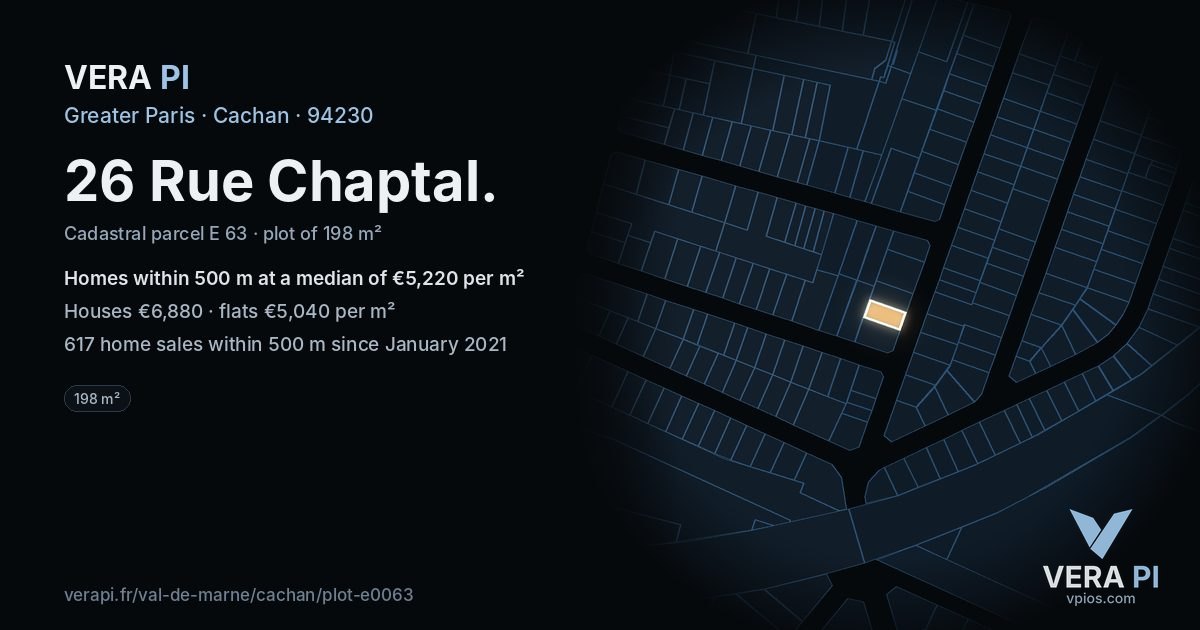 26 Rue Chaptal, Cachan at night – the plot lit, the parcels around coloured by the prices near them