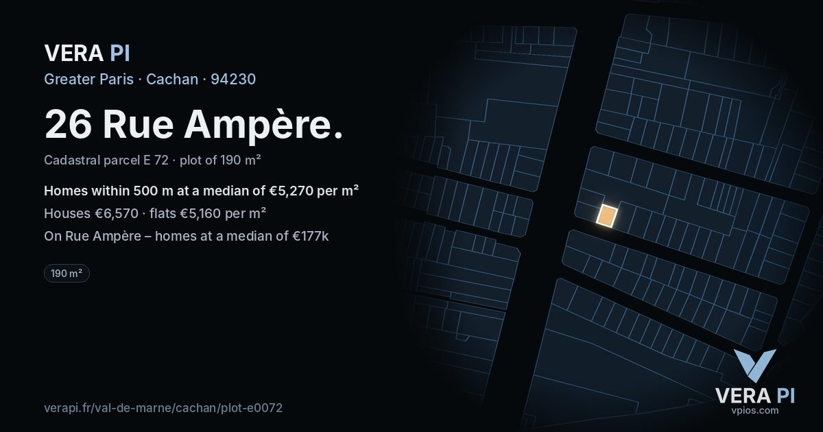 26 Rue Ampère, Cachan at night – the plot lit, the parcels around coloured by the prices near them