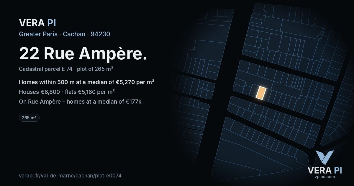 22 Rue Ampère, Cachan at night – the plot lit, the parcels around coloured by the prices near them