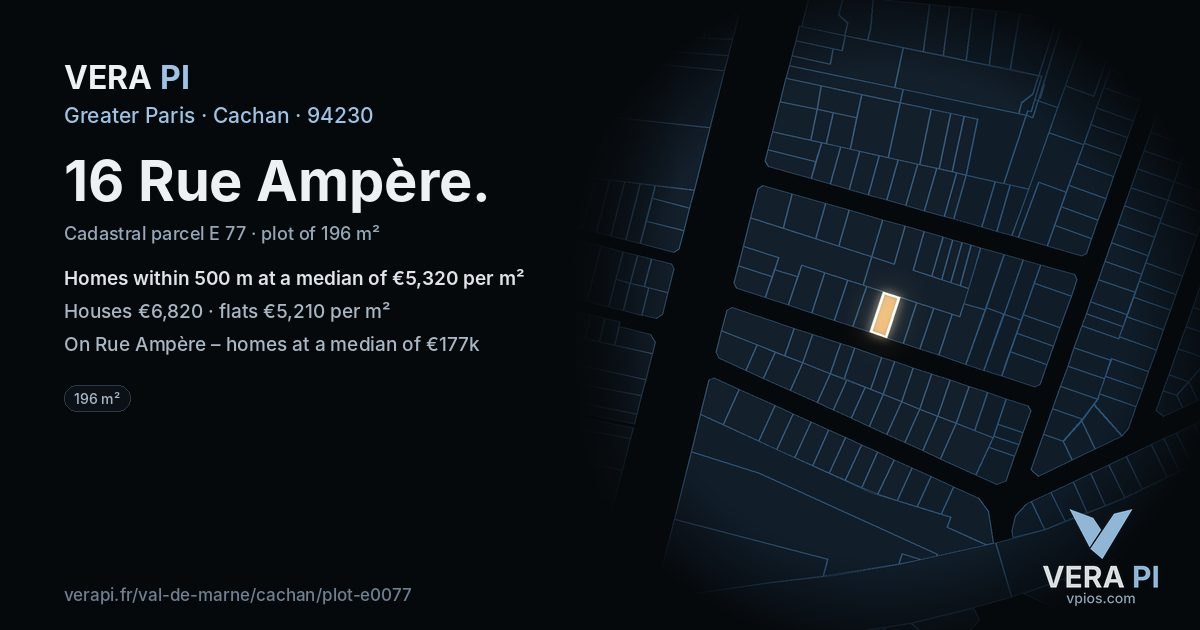 16 Rue Ampère, Cachan at night – the plot lit, the parcels around coloured by the prices near them