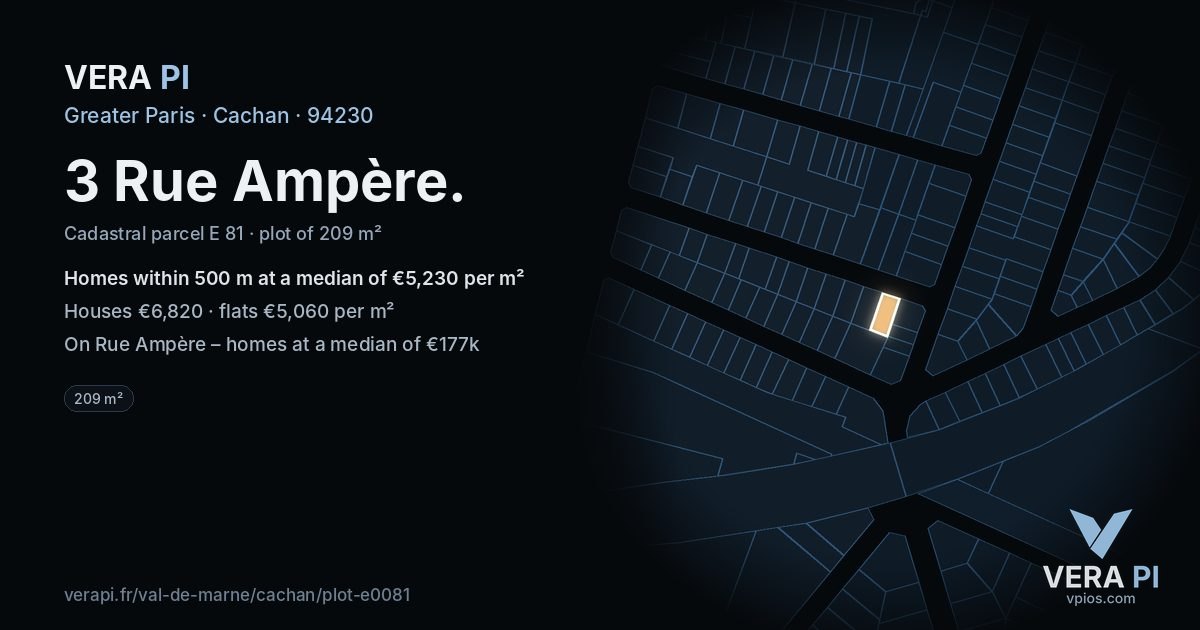 3 Rue Ampère, Cachan at night – the plot lit, the parcels around coloured by the prices near them