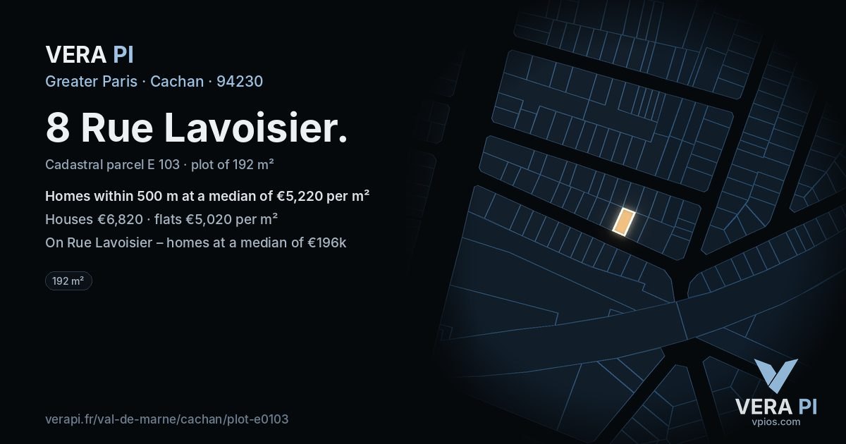 8 Rue Lavoisier, Cachan at night – the plot lit, the parcels around coloured by the prices near them