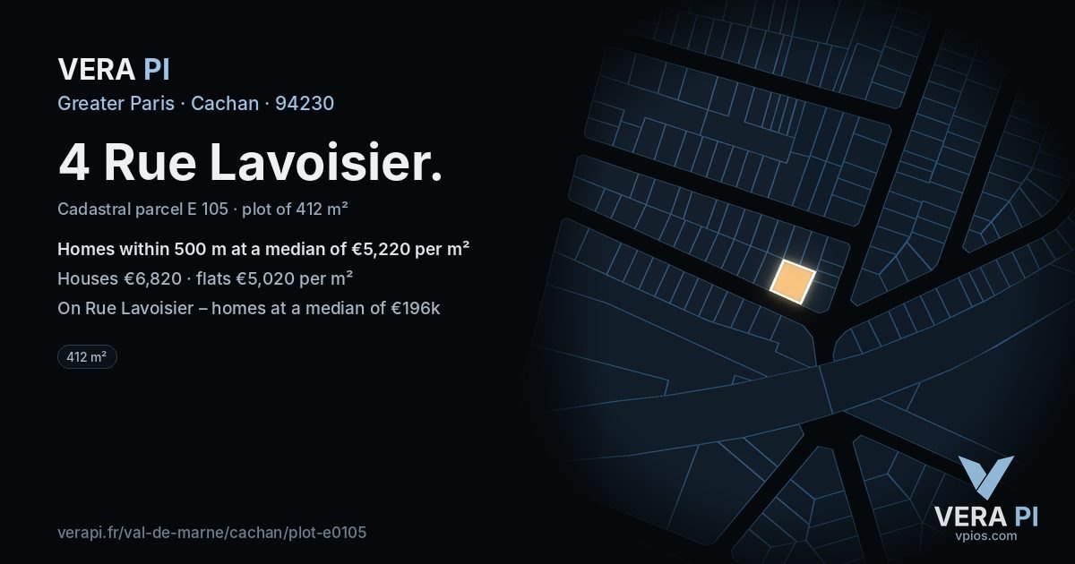 4 Rue Lavoisier, Cachan at night – the plot lit, the parcels around coloured by the prices near them