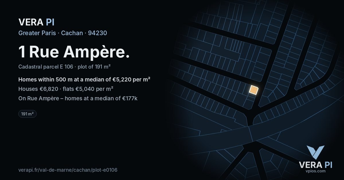 1 Rue Ampère, Cachan at night – the plot lit, the parcels around coloured by the prices near them