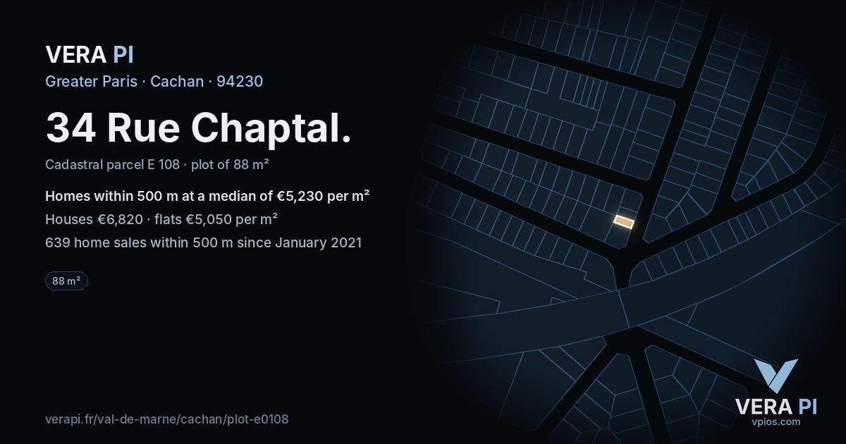 34 Rue Chaptal, Cachan at night – the plot lit, the parcels around coloured by the prices near them