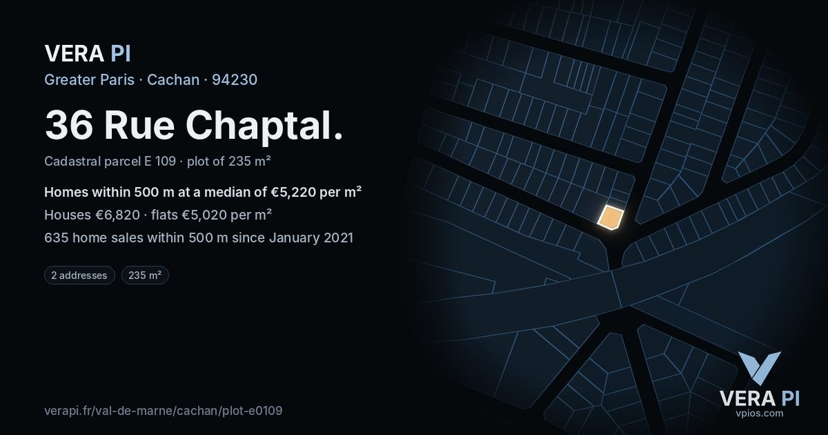 36 Rue Chaptal, Cachan at night – the plot lit, the parcels around coloured by the prices near them