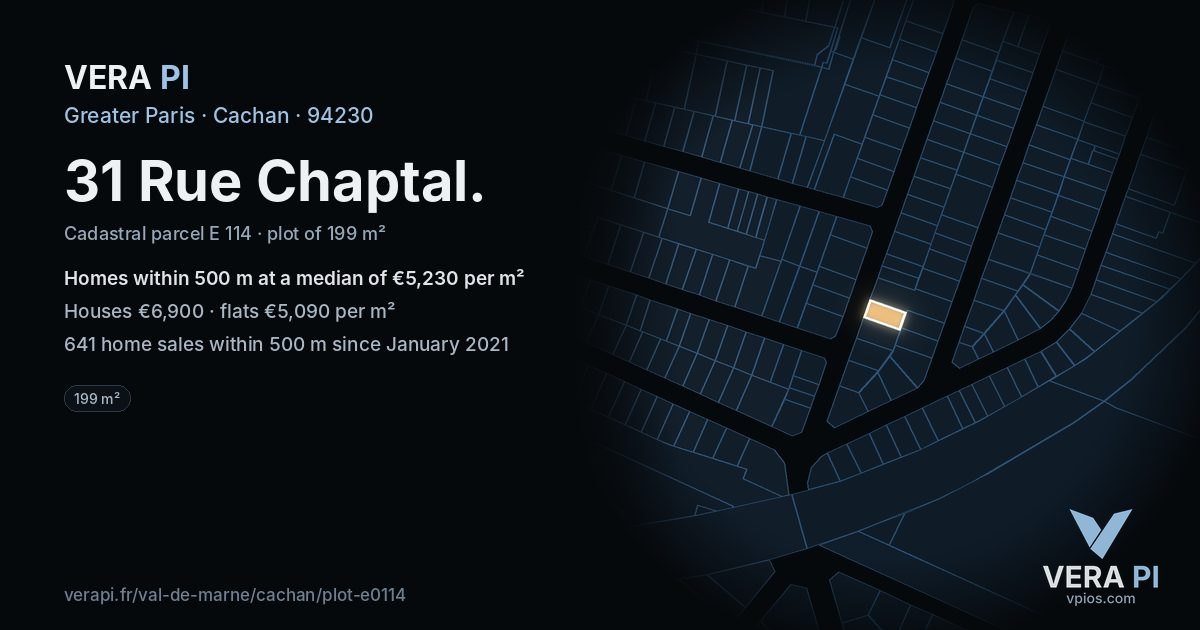 31 Rue Chaptal, Cachan at night – the plot lit, the parcels around coloured by the prices near them