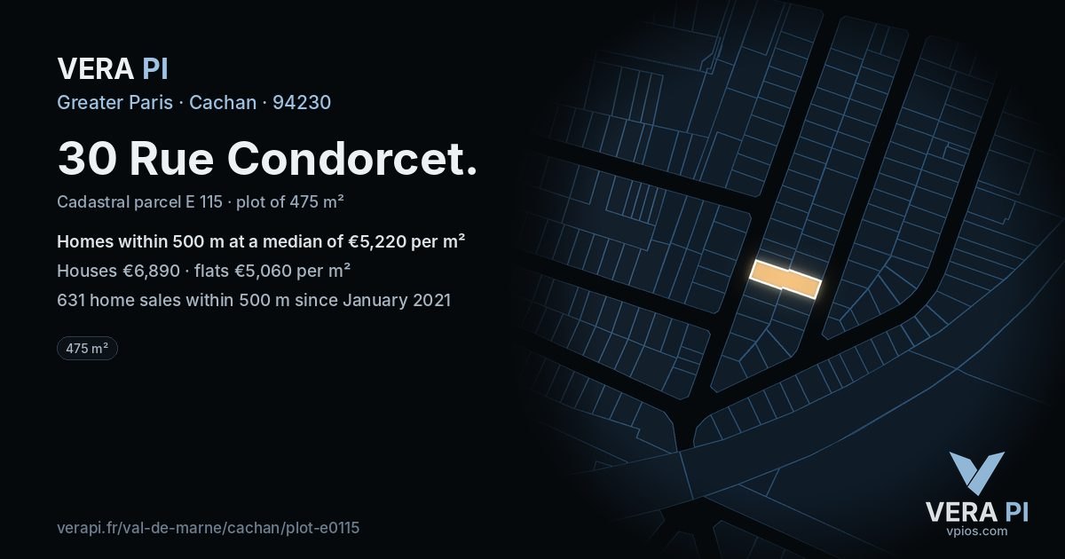 30 Rue Condorcet, Cachan at night – the plot lit, the parcels around coloured by the prices near them