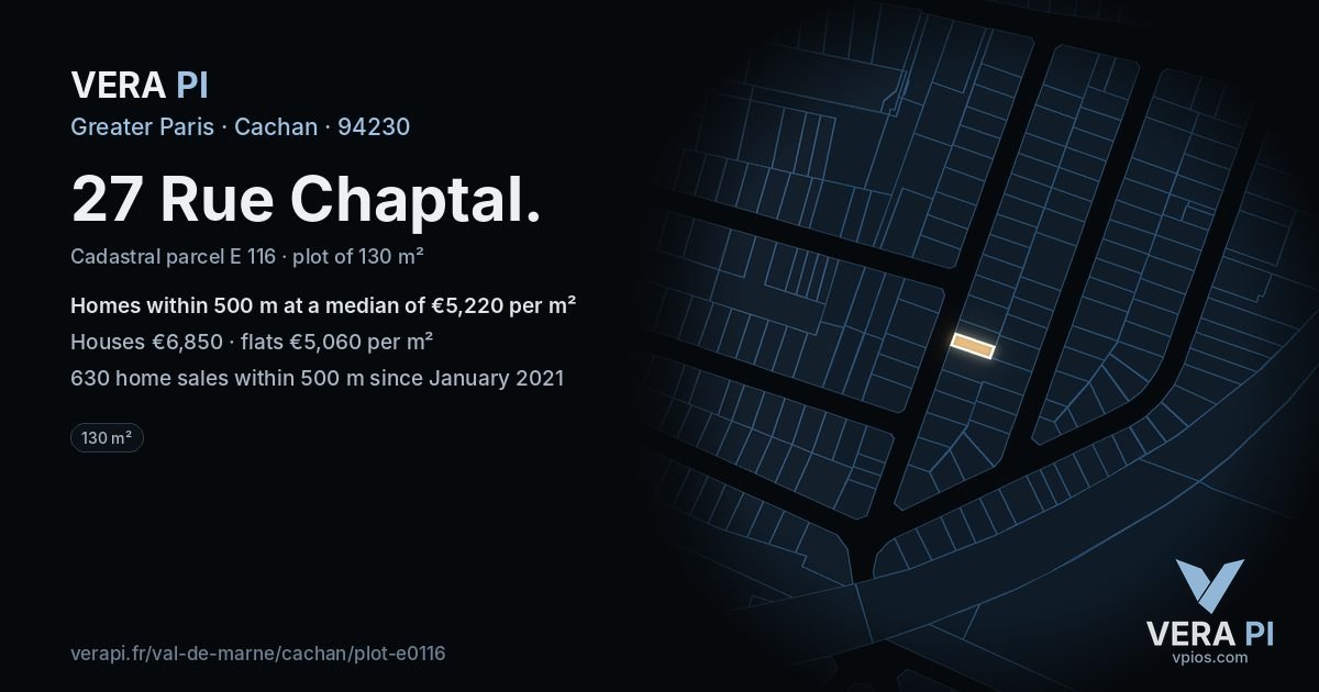 27 Rue Chaptal, Cachan at night – the plot lit, the parcels around coloured by the prices near them