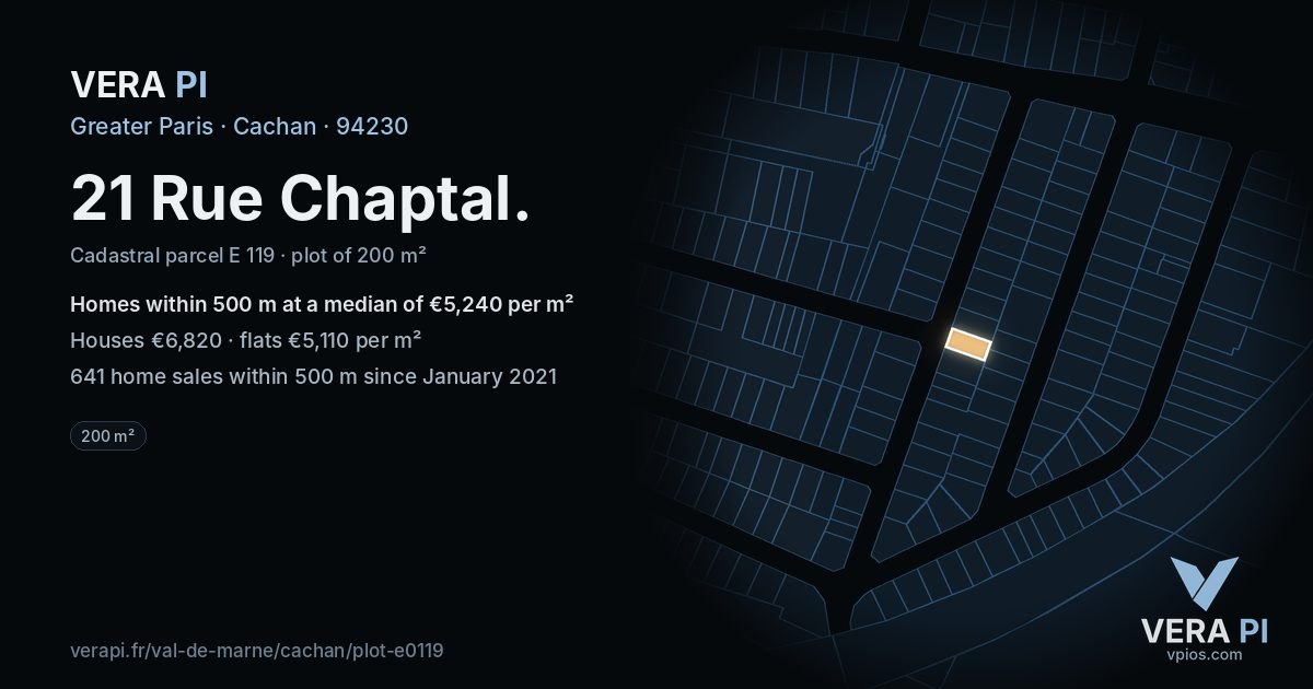 21 Rue Chaptal, Cachan at night – the plot lit, the parcels around coloured by the prices near them