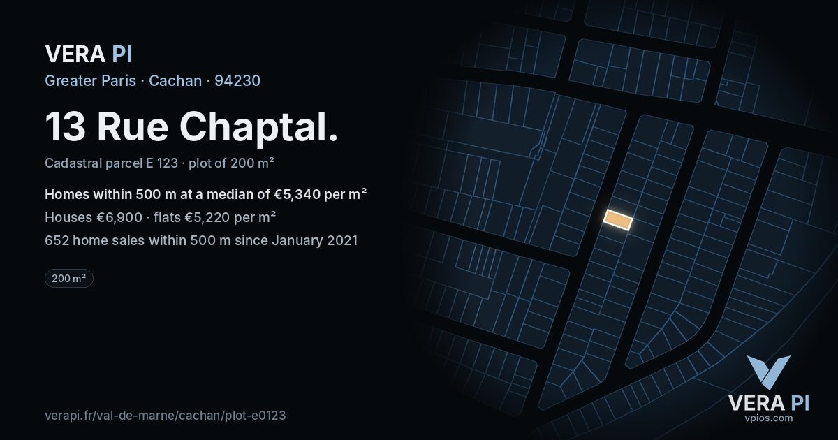 13 Rue Chaptal, Cachan at night – the plot lit, the parcels around coloured by the prices near them