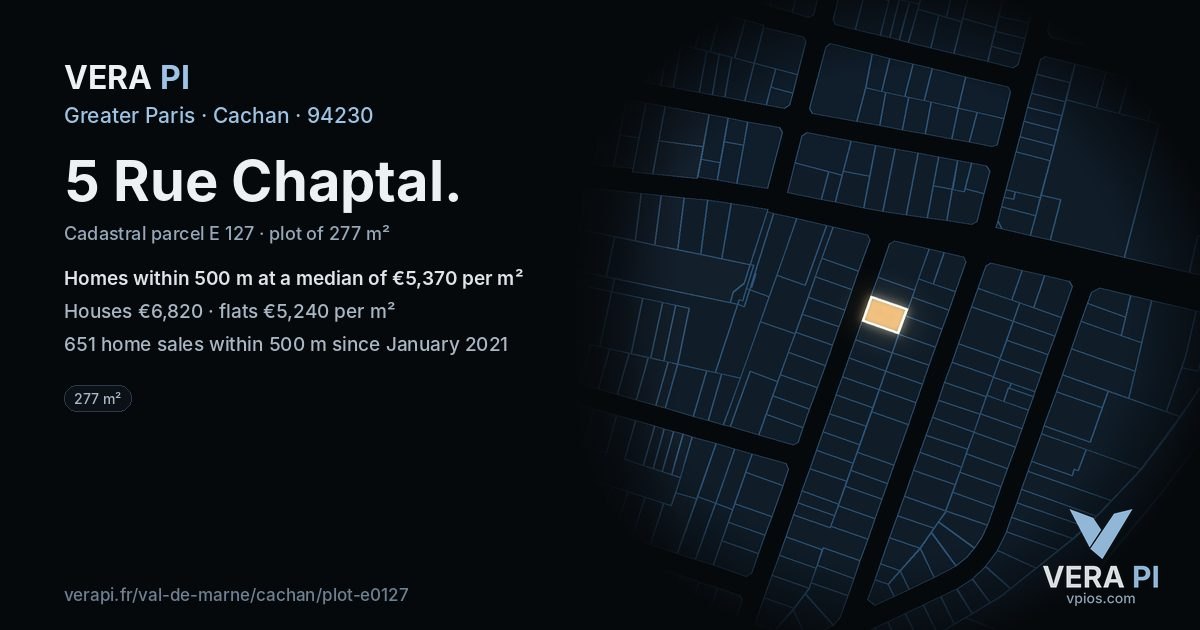 5 Rue Chaptal, Cachan at night – the plot lit, the parcels around coloured by the prices near them