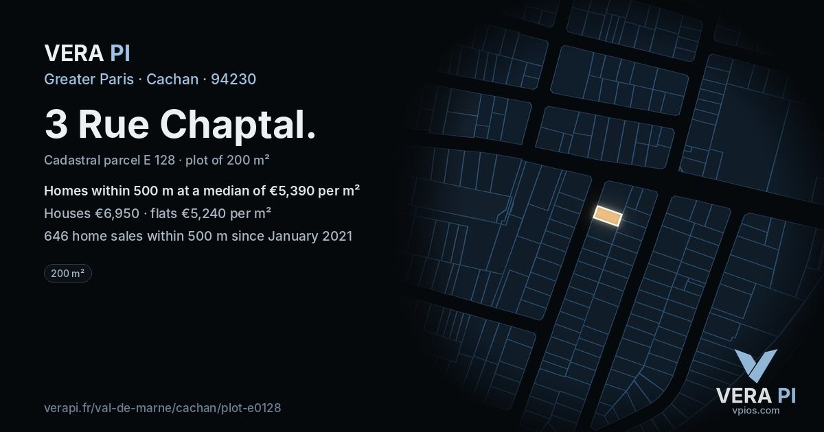 3 Rue Chaptal, Cachan at night – the plot lit, the parcels around coloured by the prices near them